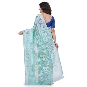 Turquoise Blue Woven Cotton Saree Without Blouse 4