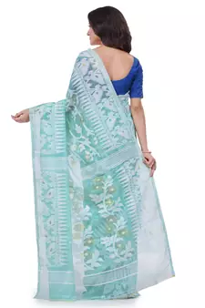 Turquoise Blue Woven Cotton Saree Without Blouse