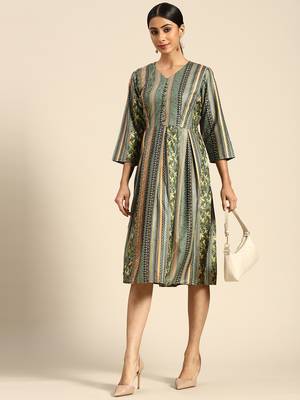 Dark Green Color Printed American Crepe Styles Women's Kurtis. 1