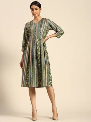 Dark Green Color Printed American Crepe Styles Women's Kurtis. 2