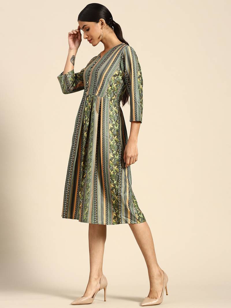 Dark Green Color Printed American Crepe Styles Women's Kurtis.