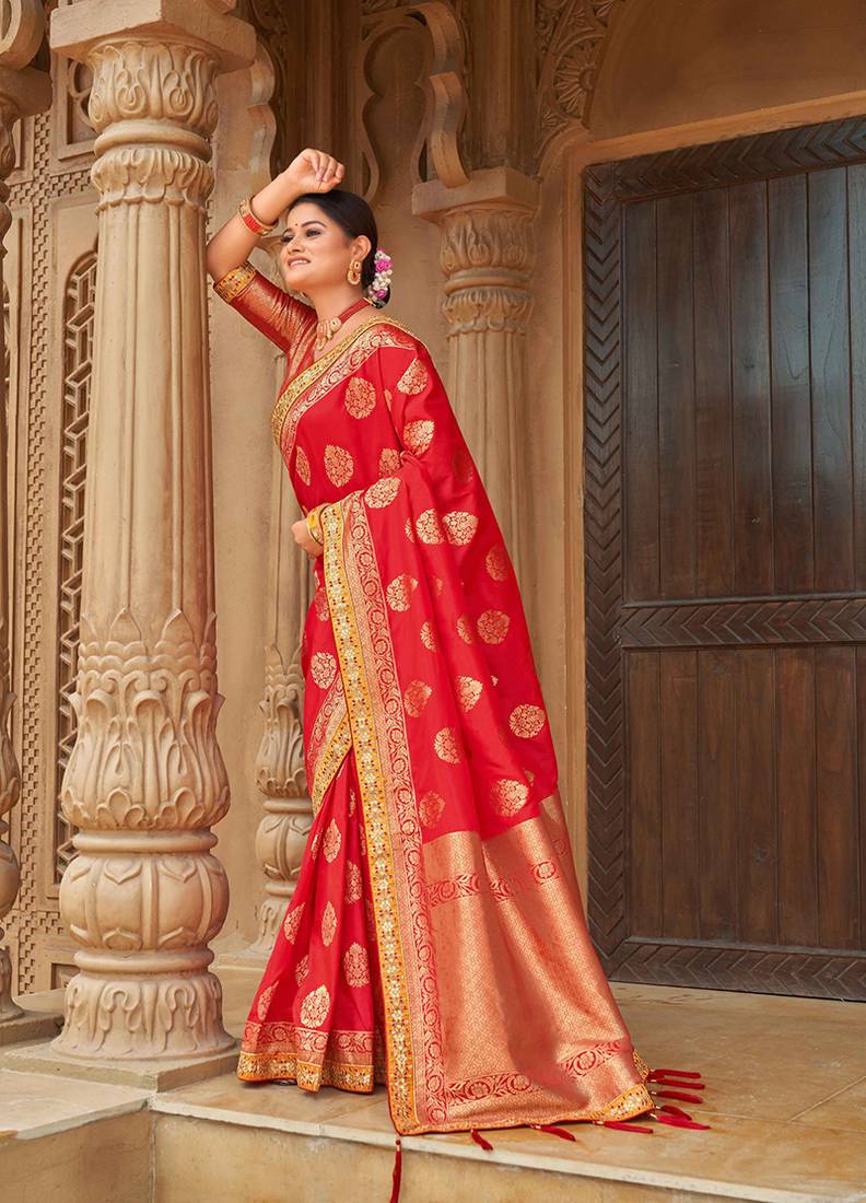 Red woven silk saree with blouse