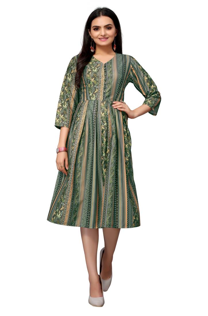 Dark Green Color Printed American Crepe Styles Women's Kurtis.