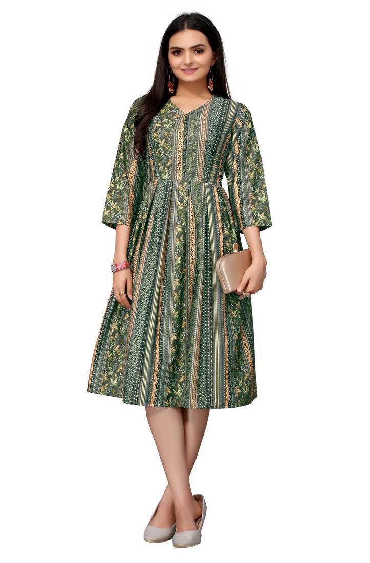 Dark Green Color Printed American Crepe Styles Women's Kurtis.