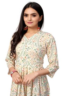 Off White Color Printed American Crepe Styles Women's Kurtis. 1