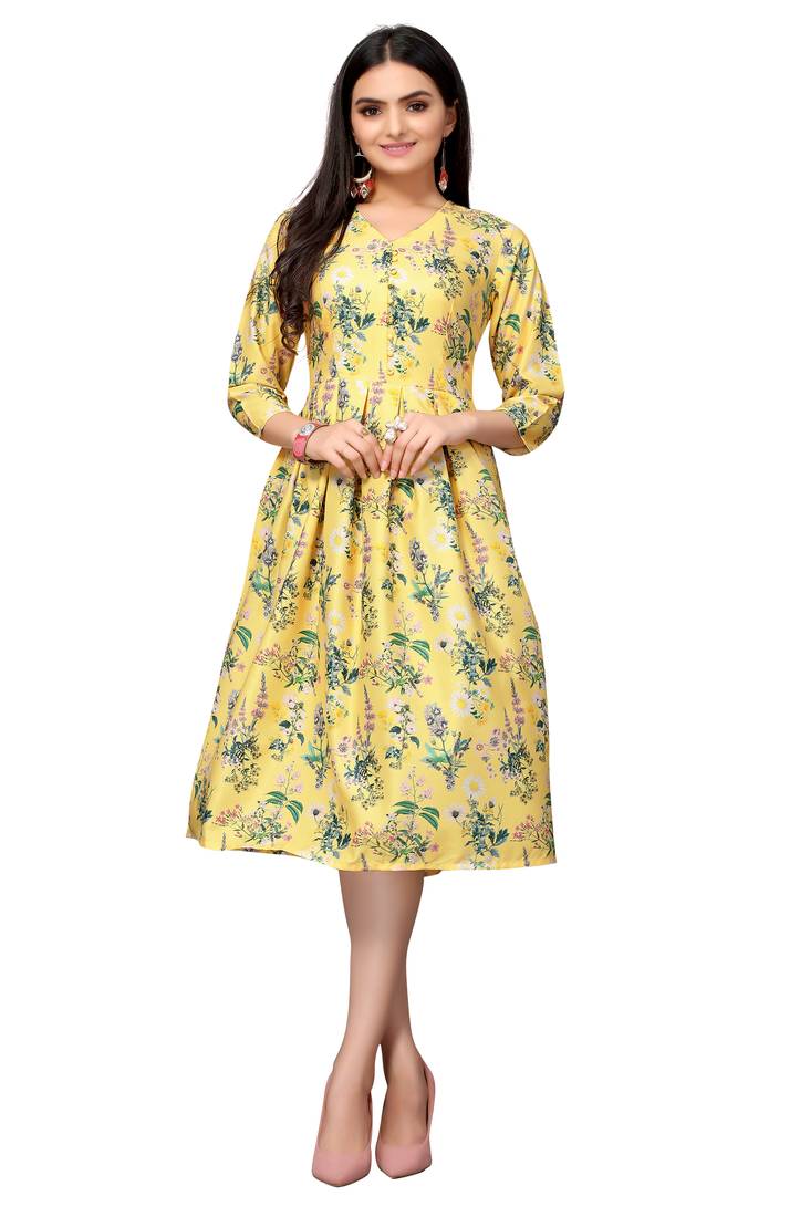 Mustard Color Printed American Crepe Styles Women's Kurtis.