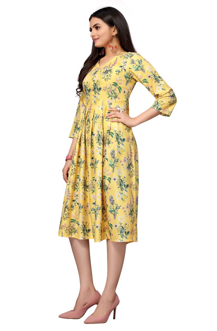 Mustard Color Printed American Crepe Styles Women's Kurtis.