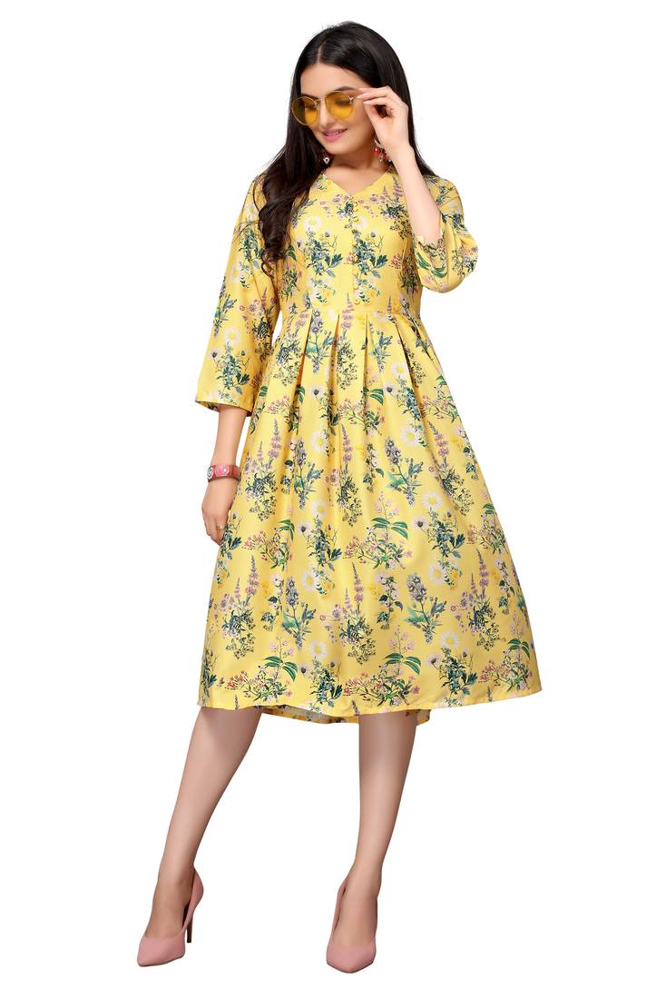 Mustard Color Printed American Crepe Styles Women's Kurtis.
