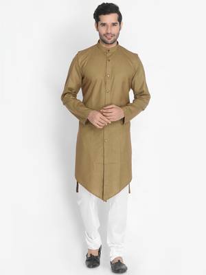 Brown woven blended cotton kurta-pajama 2
