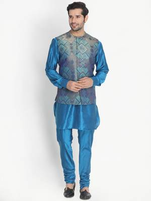 Blue woven blended cotton kurta-pajama 2