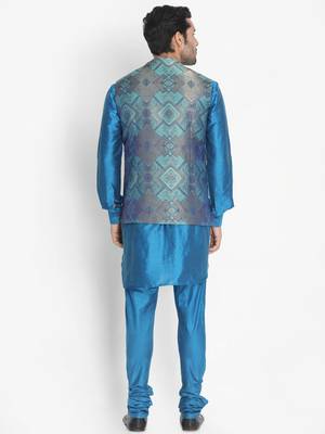 Blue woven blended cotton kurta-pajama 4