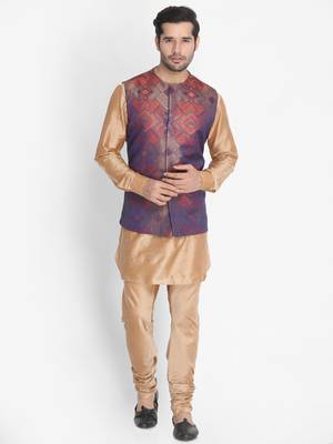 Gold woven blended cotton kurta-pajama 2