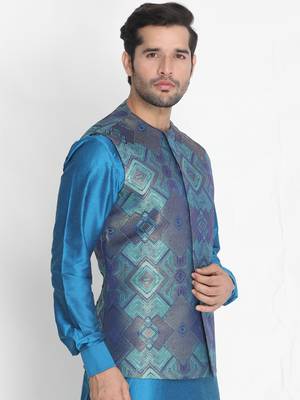 Green woven silk blend nehru-jacket 2