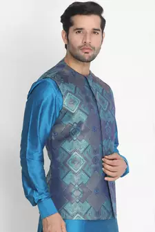 Green woven silk blend nehru-jacket