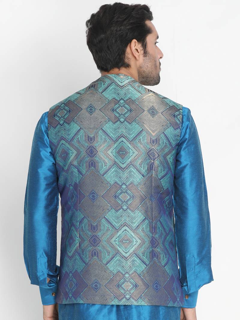 Green woven silk blend nehru-jacket