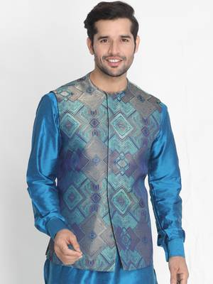 Green woven silk blend nehru-jacket 4