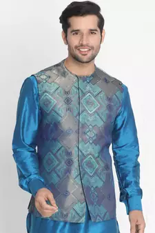 Green woven silk blend nehru-jacket