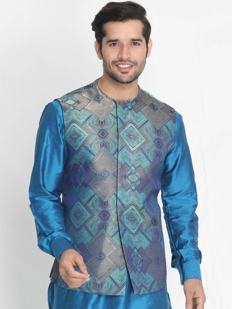 Green woven silk blend nehru-jacket