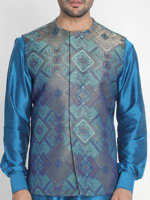 Green woven silk blend nehru-jacket 5