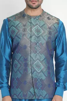 Green woven silk blend nehru-jacket