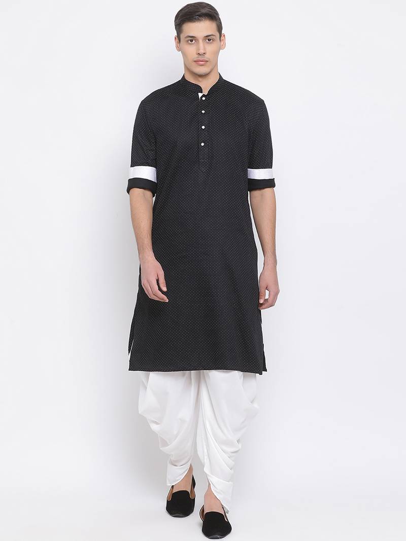 Black plain blended cotton dhoti-kurta