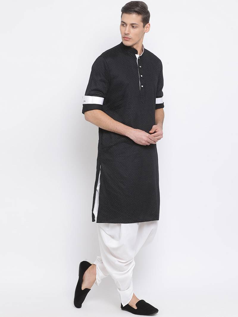 Black plain blended cotton dhoti-kurta