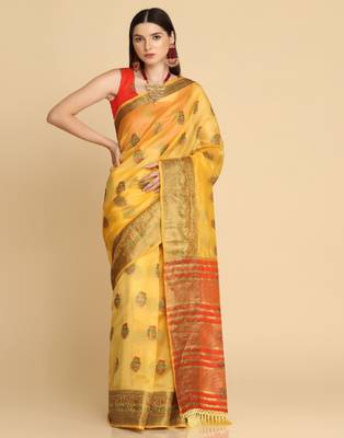 Yellow Organza Silk With Stone Work Saree 1