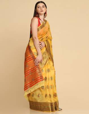 Yellow Organza Silk With Stone Work Saree 3