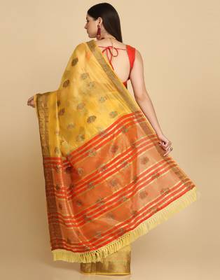 Yellow Organza Silk With Stone Work Saree 5