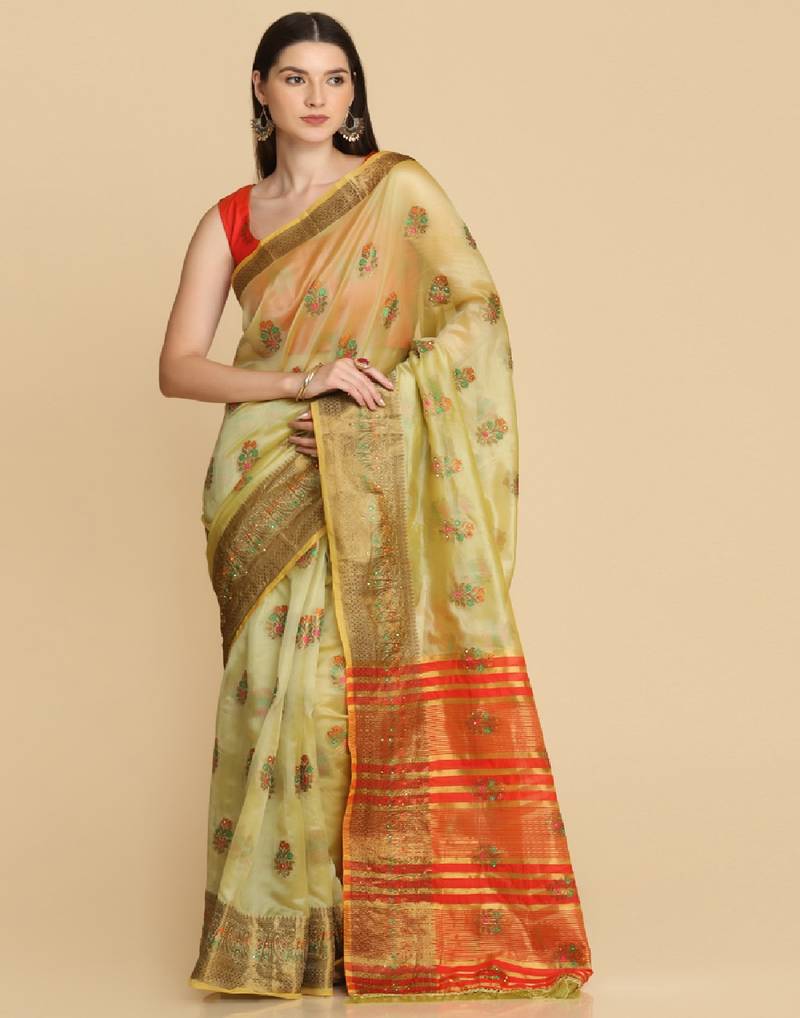 Sea Green Organza Silk With Stone Work Saree