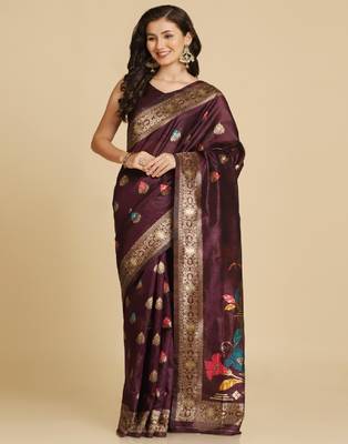 Wine Resham Woven Art Silk Sarees 1