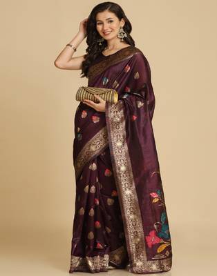 Wine Resham Woven Art Silk Sarees 2