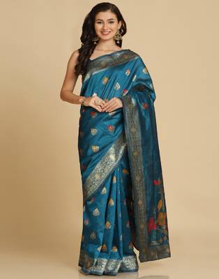 Aqua Blue Resham Woven Art Silk Sarees 1