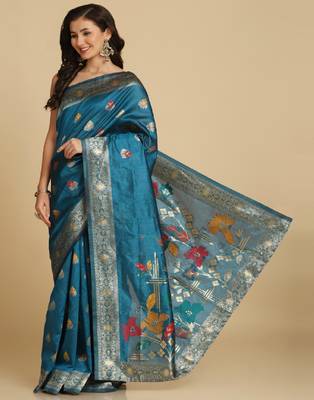 Aqua Blue Resham Woven Art Silk Sarees 2
