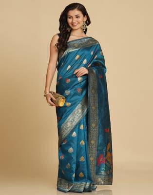 Aqua Blue Resham Woven Art Silk Sarees 3