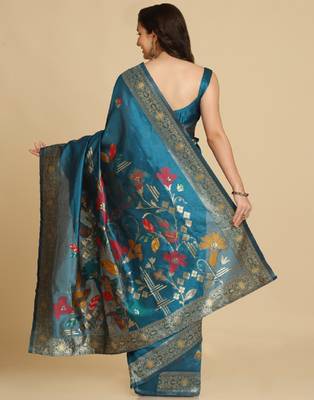 Aqua Blue Resham Woven Art Silk Sarees 4
