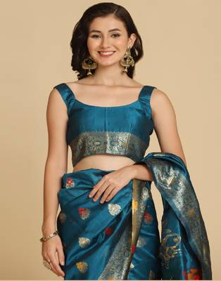 Aqua Blue Resham Woven Art Silk Sarees 5