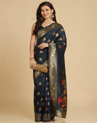 Dark Teal Resham Woven Art Silk Sarees 1