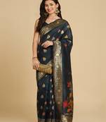 Dark Teal Resham Woven Art Silk Sarees