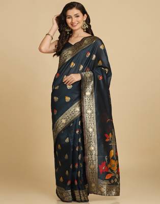 Dark Teal Resham Woven Art Silk Sarees 2