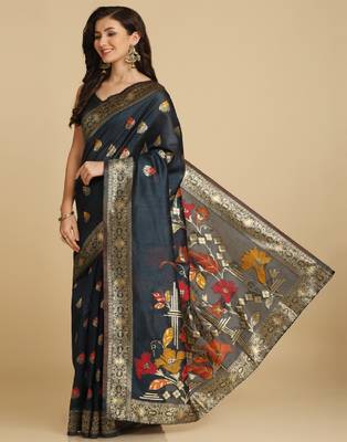 Dark Teal Resham Woven Art Silk Sarees 3
