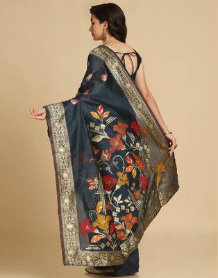 Dark Teal Resham Woven Art Silk Sarees 4