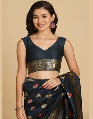 Dark Teal Resham Woven Art Silk Sarees 5