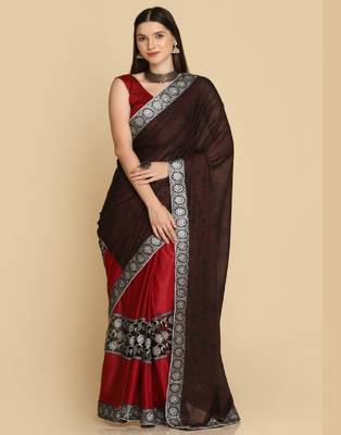 Dark Maroon Zari Work Party Wear Crepe Sarees 1
