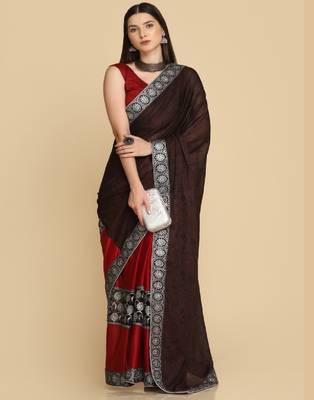 Dark Maroon Zari Work Party Wear Crepe Sarees 3