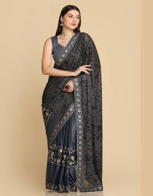 Dark Grey Zari Work Party Wear Crepe Sarees 1