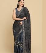Dark Grey Zari Work Party Wear Crepe Sarees