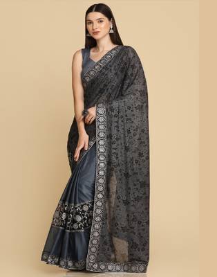 Dark Grey Zari Work Party Wear Crepe Sarees 2