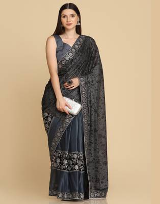 Dark Grey Zari Work Party Wear Crepe Sarees 3