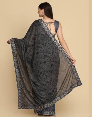 Dark Grey Zari Work Party Wear Crepe Sarees 5